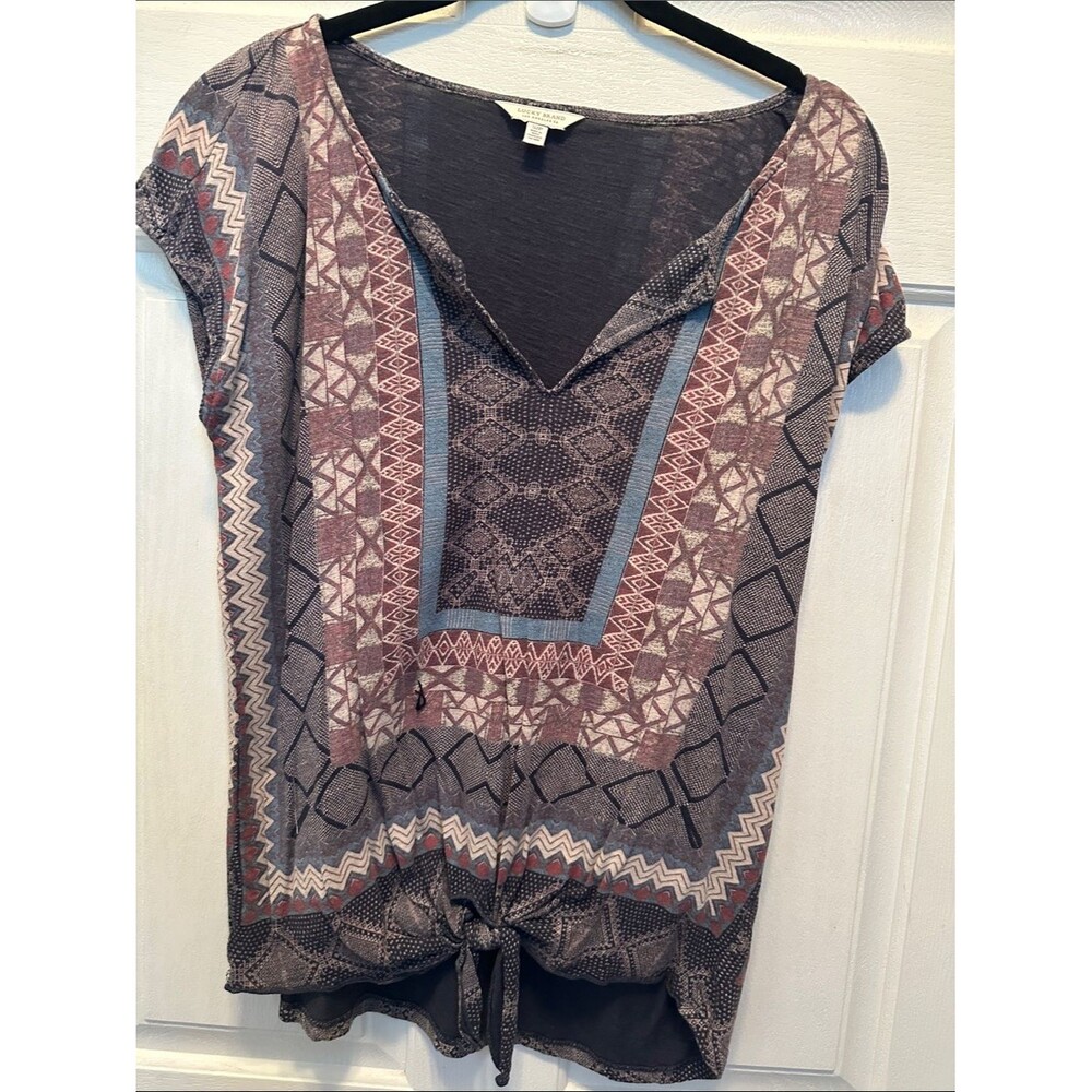 Lucky Brand Mauve and Blue Printed Tie-Front Boho Blouse Size Small